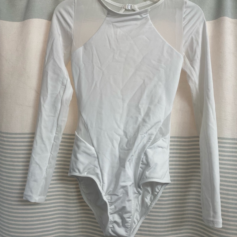 White long sleeved meshed leotard. Size Pre-teen (PT) barely used. Brand: Mariia